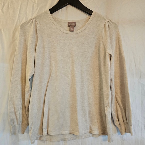 Chico's Sweaters - Chicos Oatmeal Beige‎ Puff Shoulder Crew Neck Knit Sweater Size 1 Medium